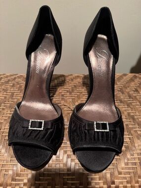Delman Black Satin Open-Toe D'Orsay Heels with Rhinestone Buckles